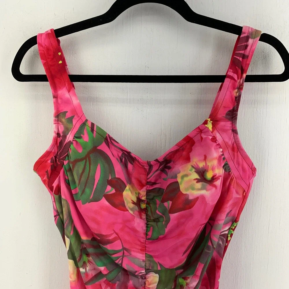 Maxine Pink Tropical Floral Ruched One Piece Swimsuit V-Neck Size 10